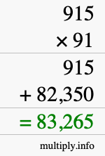 How to calculate 915 times 91 using long multiplication