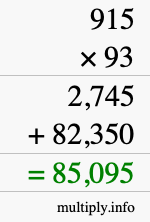 How to calculate 915 times 93 using long multiplication