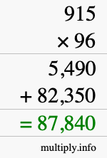 How to calculate 915 times 96 using long multiplication