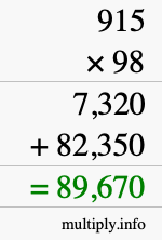 How to calculate 915 times 98 using long multiplication