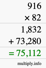 How to calculate 916 times 82 using long multiplication