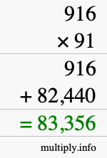 How to calculate 916 times 91 using long multiplication