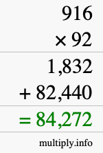 How to calculate 916 times 92 using long multiplication