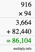 How to calculate 916 times 94 using long multiplication