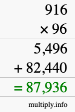 How to calculate 916 times 96 using long multiplication