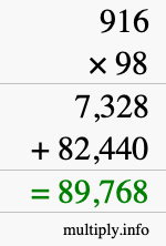 How to calculate 916 times 98 using long multiplication
