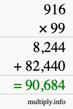 How to calculate 916 times 99 using long multiplication