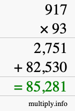 How to calculate 917 times 93 using long multiplication