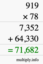 How to calculate 919 times 78 using long multiplication