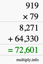 How to calculate 919 times 79 using long multiplication
