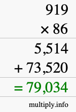 How to calculate 919 times 86 using long multiplication