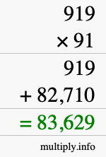 How to calculate 919 times 91 using long multiplication