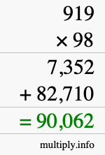 How to calculate 919 times 98 using long multiplication