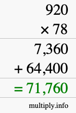 How to calculate 920 times 78 using long multiplication