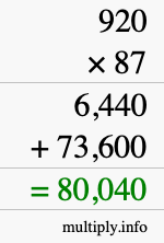 How to calculate 920 times 87 using long multiplication