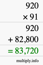 How to calculate 920 times 91 using long multiplication