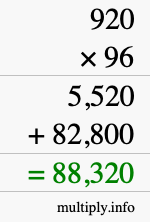 How to calculate 920 times 96 using long multiplication