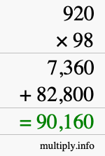 How to calculate 920 times 98 using long multiplication