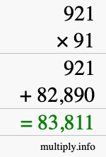 How to calculate 921 times 91 using long multiplication