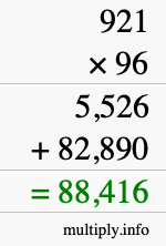 How to calculate 921 times 96 using long multiplication