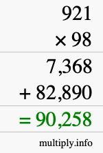 How to calculate 921 times 98 using long multiplication