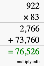How to calculate 922 times 83 using long multiplication