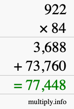How to calculate 922 times 84 using long multiplication
