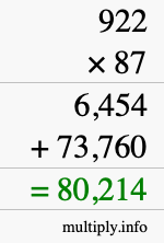 How to calculate 922 times 87 using long multiplication