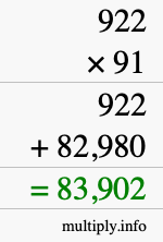 How to calculate 922 times 91 using long multiplication