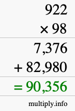 How to calculate 922 times 98 using long multiplication