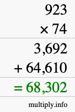 How to calculate 923 times 74 using long multiplication
