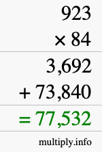 How to calculate 923 times 84 using long multiplication