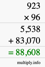 How to calculate 923 times 96 using long multiplication
