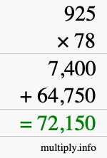 How to calculate 925 times 78 using long multiplication