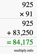 How to calculate 925 times 91 using long multiplication