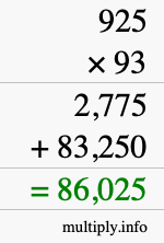 How to calculate 925 times 93 using long multiplication