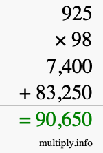 How to calculate 925 times 98 using long multiplication