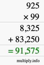How to calculate 925 times 99 using long multiplication