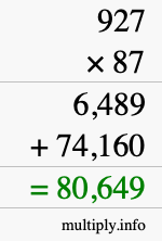 How to calculate 927 times 87 using long multiplication