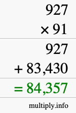 How to calculate 927 times 91 using long multiplication