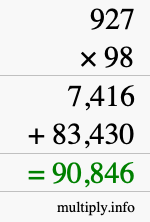 How to calculate 927 times 98 using long multiplication