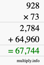 How to calculate 928 times 73 using long multiplication