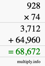 How to calculate 928 times 74 using long multiplication