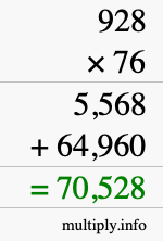 How to calculate 928 times 76 using long multiplication