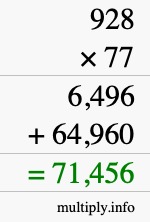 How to calculate 928 times 77 using long multiplication