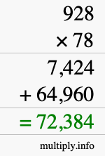 How to calculate 928 times 78 using long multiplication
