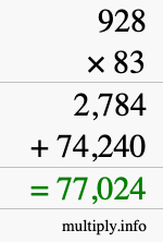 How to calculate 928 times 83 using long multiplication