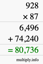How to calculate 928 times 87 using long multiplication