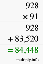 How to calculate 928 times 91 using long multiplication