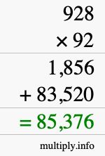How to calculate 928 times 92 using long multiplication